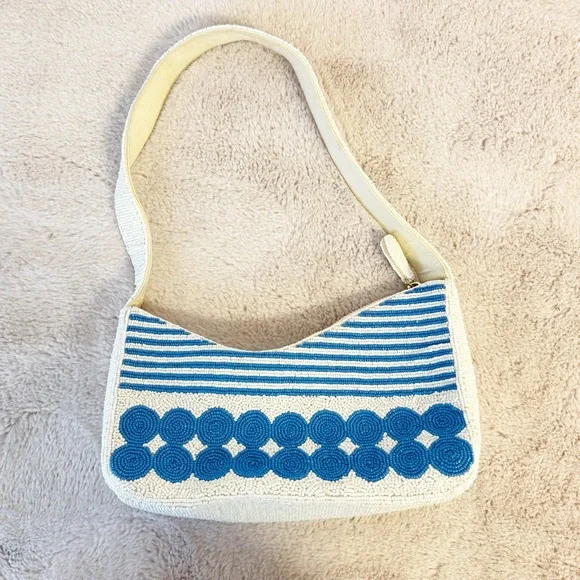 ANTHROPOLOGIE Asymmetric Beaded Shoulder Bag Blue & White Polka Dot - Picture 4 of 7